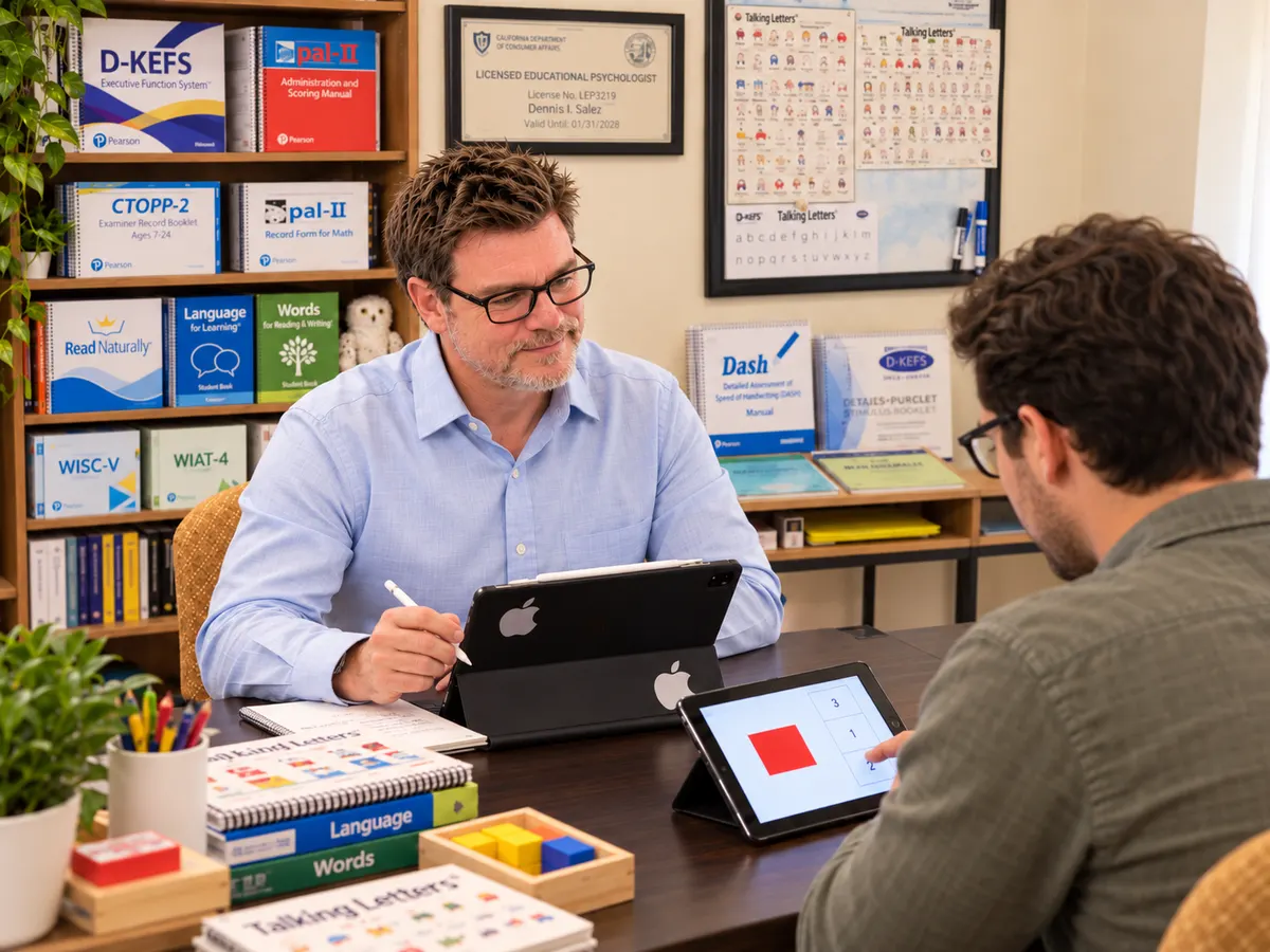 Dennis Saller conducting a tablet-based assessment with an adult