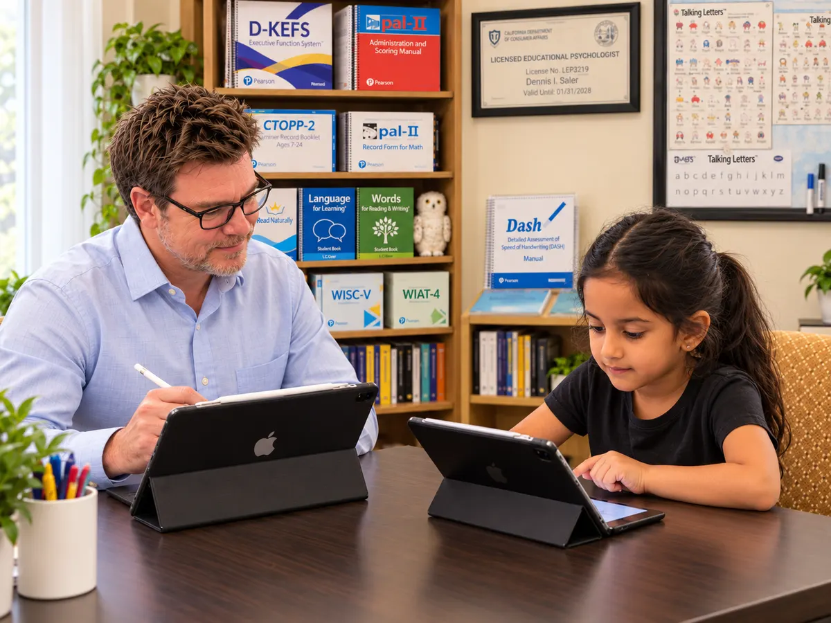 Dennis Saller and a young student working side by side on iPads