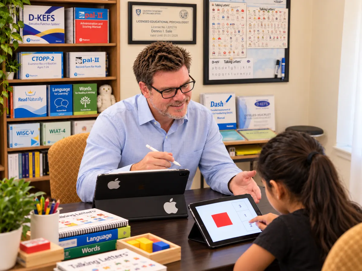 Dennis Saller guiding a young student through a tablet-based task in his office