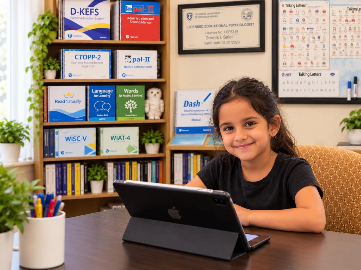 A smiling young learner seated with a tablet in an educational psychology office.